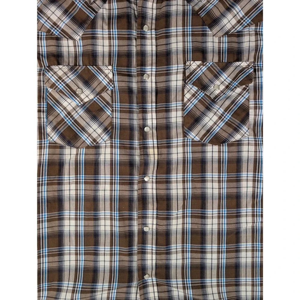 Plains Western Wear Mens Brown Blue Plaid Short Sleeve Pearl Snap Shirt Medium - Picture 4 of 12